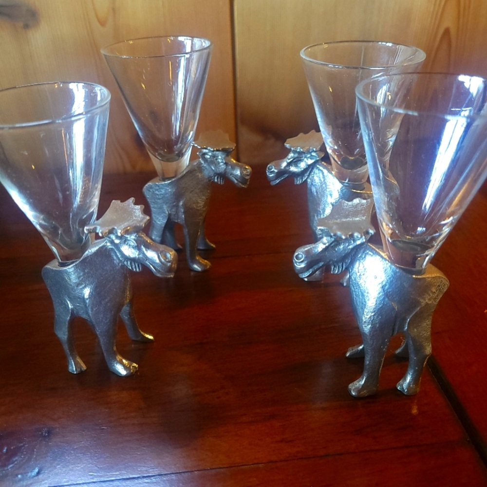 Pewter Moose Stem Shot Glasses with V-Shaped Design-made In Sweden. Set Of 4